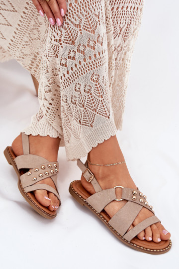 Women's Flat Heeled Sandals With Gold Studs Beige Zanira