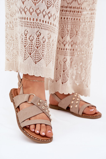 Women's Flat Heeled Sandals With Gold Studs Beige Zanira 2