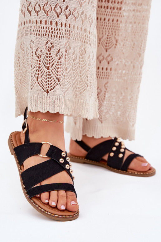 Women's sandals on flat heels with golden studs black Zanira Women's sandals on flat heels with golden studs black Zanira