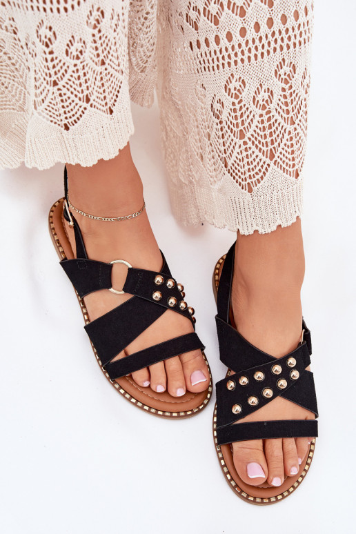Women's sandals on flat heels with golden studs black Zanira Women's sandals on flat heels with golden studs black Zanira