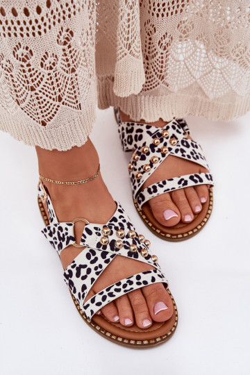 Women's Flat Sandals With Golden Studs Black-White Zanira