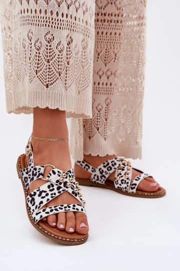 Women's Flat Sandals With Golden Studs Black-White Zanira 2