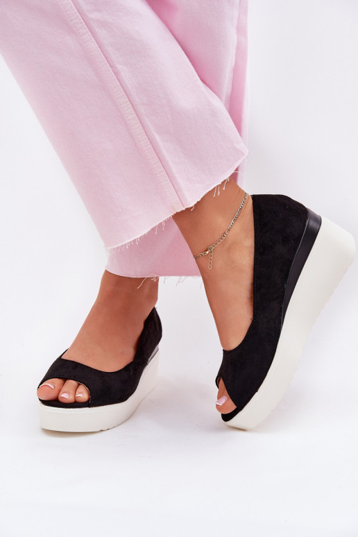 Women's Wedge Sandals Made of Eco Suede Black Velira Women's Wedge Sandals Made of Eco Suede Black Velira