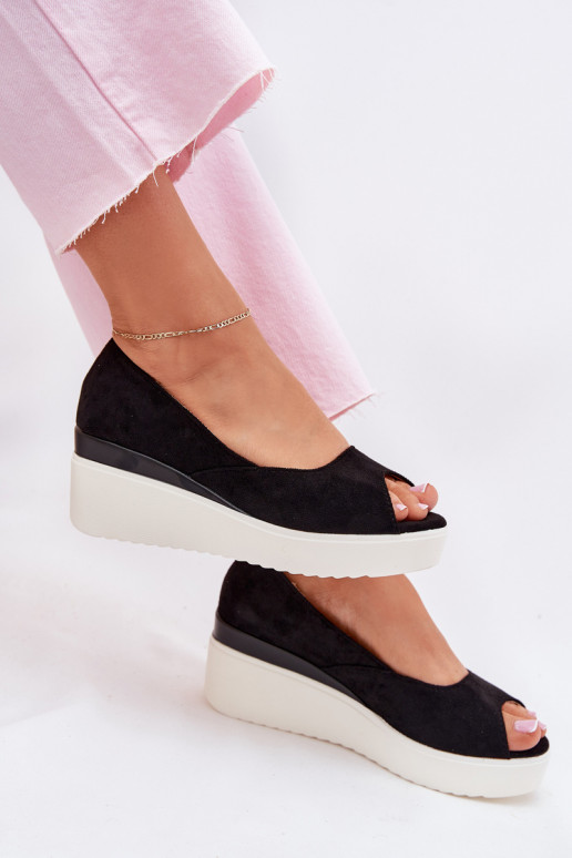 Women's Wedge Sandals Made of Eco Suede Black Velira Women's Wedge Sandals Made of Eco Suede Black Velira
