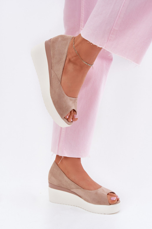 Women's wedge sandals made of eco suede beige Velira Women's wedge sandals made of eco suede beige Velira