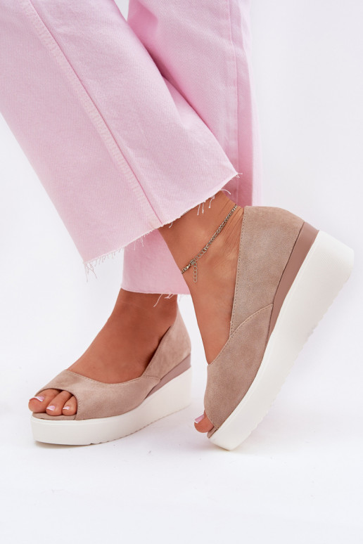 Women's wedge sandals made of eco suede beige Velira Women's wedge sandals made of eco suede beige Velira