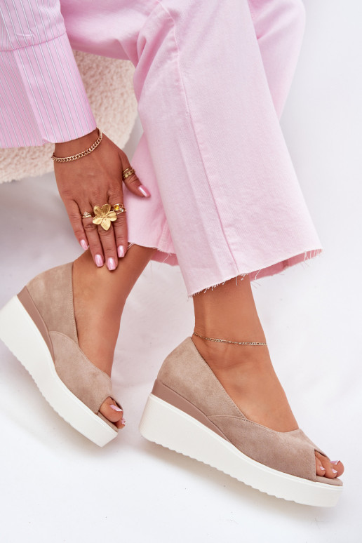 Women's wedge sandals made of eco suede beige Velira Women's wedge sandals made of eco suede beige Velira