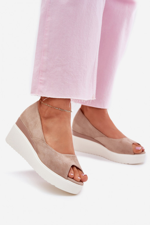 Women's wedge sandals made of eco suede beige Velira Women's wedge sandals made of eco suede beige Velira