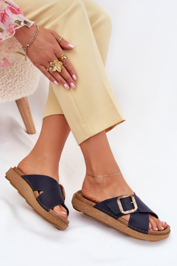 Skórzane Klapki Damskie Z Klamrą Inblu ED0003IU Granatowe