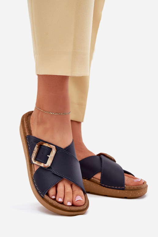 Women's Leather Slippers With Buckle Inblu Dark Blue ED0003IU