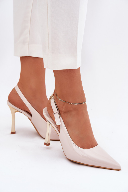 Lacquered Heels With Open Back And Pointed Toes Light Beige Rivori