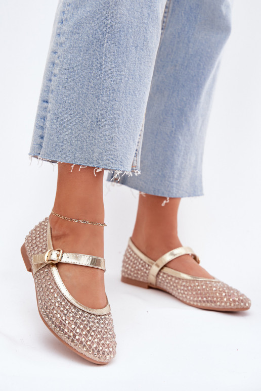 Decorated Women's Ballet Flats With Strap And Buckle Gold Avirae Decorated Women's Ballet Flats With Strap And Buckle Gold Avirae