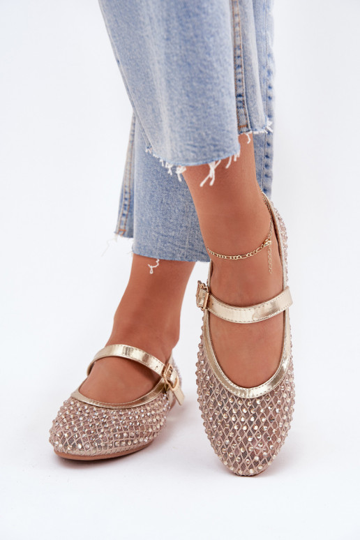 Decorated Women's Ballet Flats With Strap And Buckle Gold Avirae Decorated Women's Ballet Flats With Strap And Buckle Gold Avirae