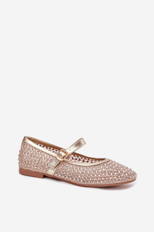 Decorated Women's Ballet Flats With Strap And Buckle Gold Avirae Decorated Women's Ballet Flats With Strap And Buckle Gold Avirae