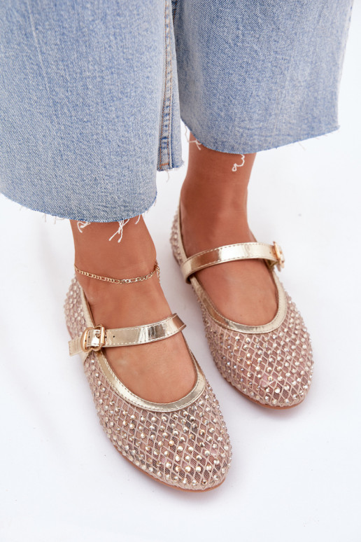 Decorated Women's Ballet Flats With Strap And Buckle Gold Avirae Decorated Women's Ballet Flats With Strap And Buckle Gold Avirae