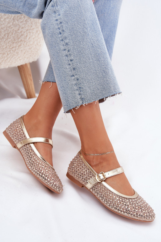 Decorated Women's Ballet Flats With Strap And Buckle Gold Avirae Decorated Women's Ballet Flats With Strap And Buckle Gold Avirae