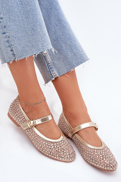 Decorated Women's Ballet Flats With Strap And Buckle Gold Avirae Decorated Women's Ballet Flats With Strap And Buckle Gold Avirae