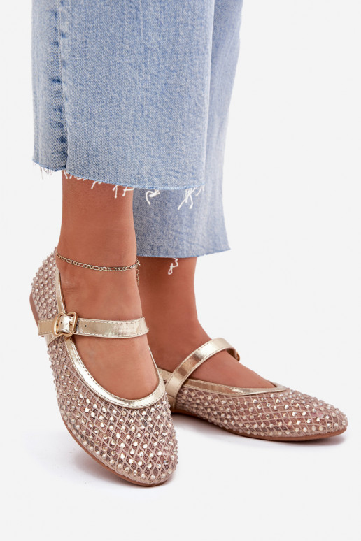 Decorated Women's Ballet Flats With Strap And Buckle Gold Avirae Decorated Women's Ballet Flats With Strap And Buckle Gold Avirae