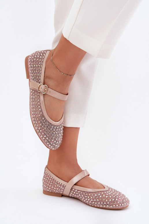 Embellished Women's Ballerinas With Strap And Buckle Beige Avirae