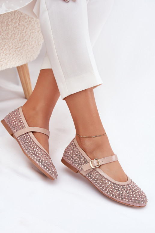 Embellished Women's Ballerinas With Strap And Buckle Beige Avirae