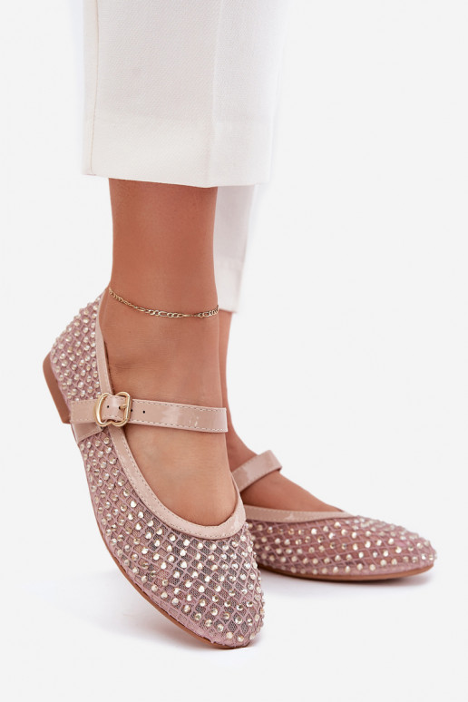 Embellished Women's Ballerinas With Strap And Buckle Beige Avirae