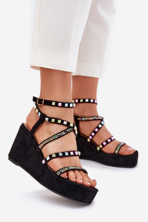 Wedge Sandals For Women With Decoration On Straps Black Lunara