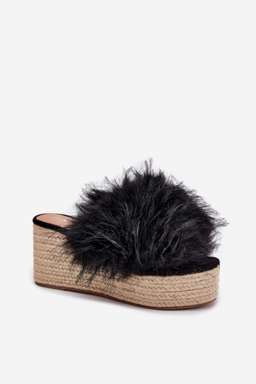 Women's wedge sandals with fur and braiding black Virela