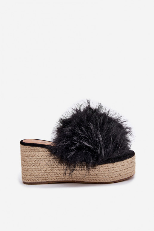 Women's wedge sandals with fur and braiding black Virela