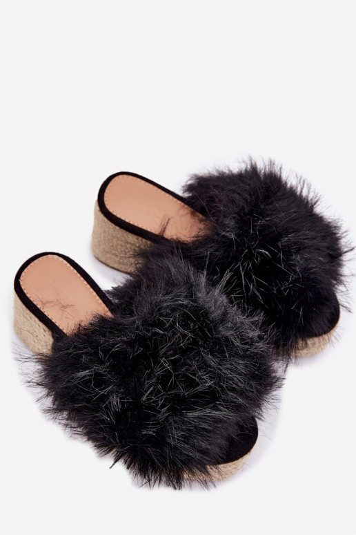 Women's wedge sandals with fur and braiding black Virela