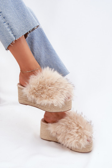 Women's Wedge Slippers With Fur And Braiding Beige Virela