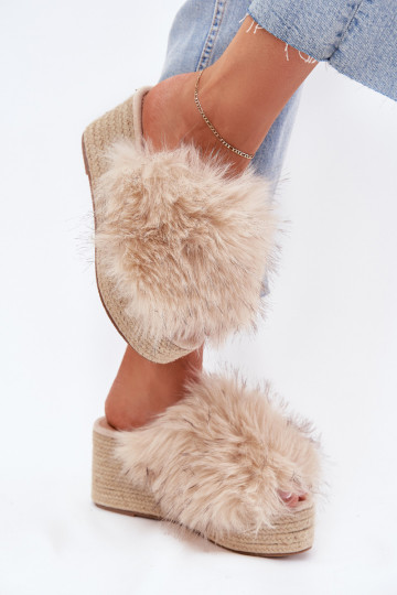 Women's Wedge Slippers With Fur And Braiding Beige Virela 2
