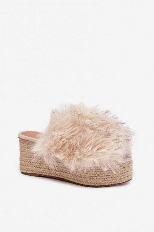 Women's Wedge Slippers With Fur And Braiding Beige Virela