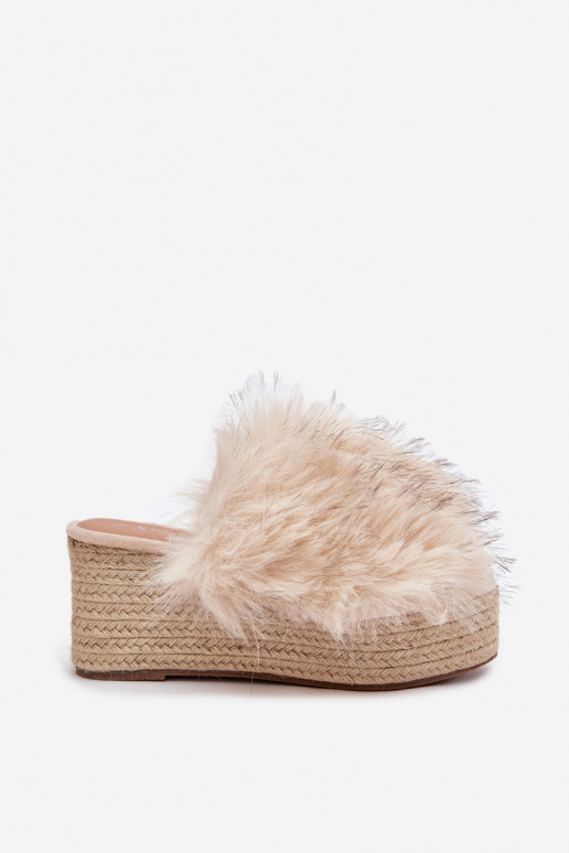 Women's Wedge Slippers With Fur And Braiding Beige Virela