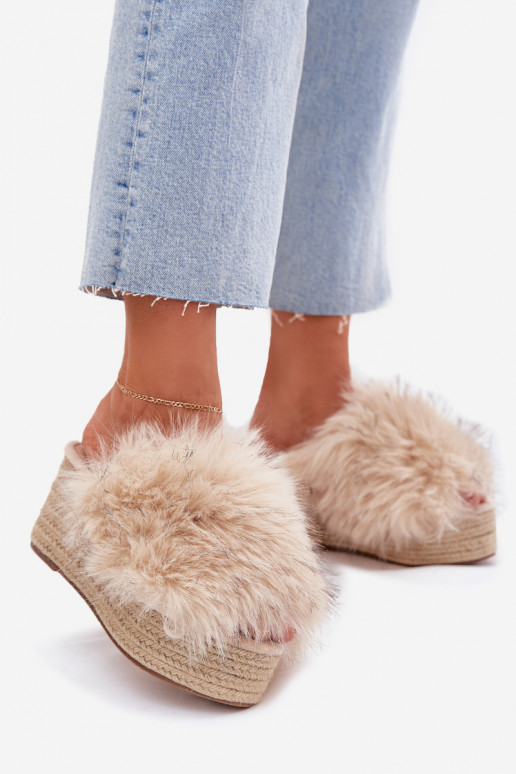 Women's Wedge Slippers With Fur And Braiding Beige Virela