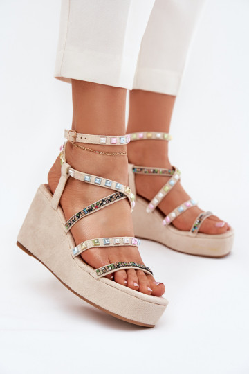 Women's Wedge Sandals With Decoration On Straps Beige Lunara