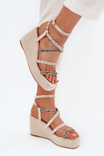Women's Wedge Sandals With Decoration On Straps Beige Lunara 2