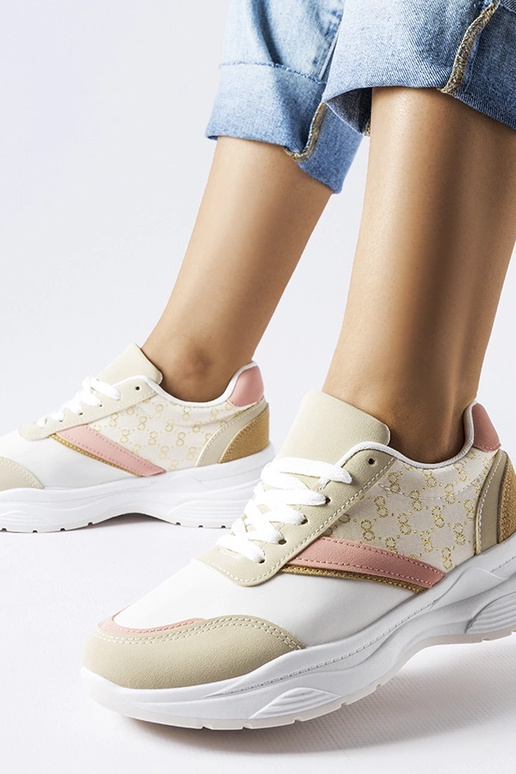 Beżowo-białe sneakersy ze złotym...