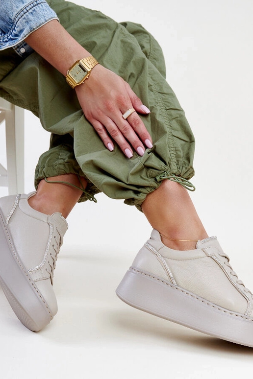 Ciemnobeżowe skórzane sneakersy z...