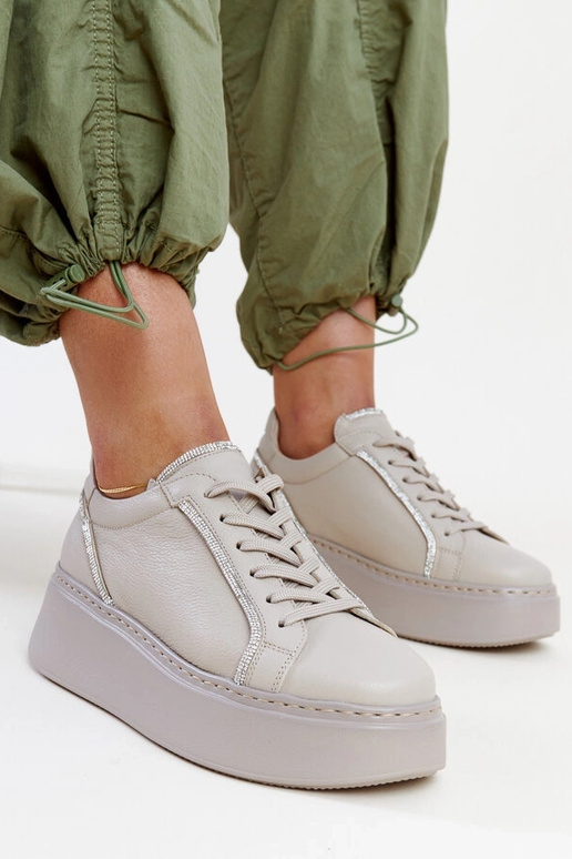 Ciemnobeżowe skórzane sneakersy z...