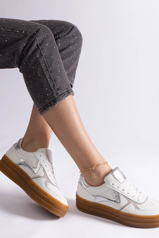 Biało-srebrne sneakersy na gumowej...