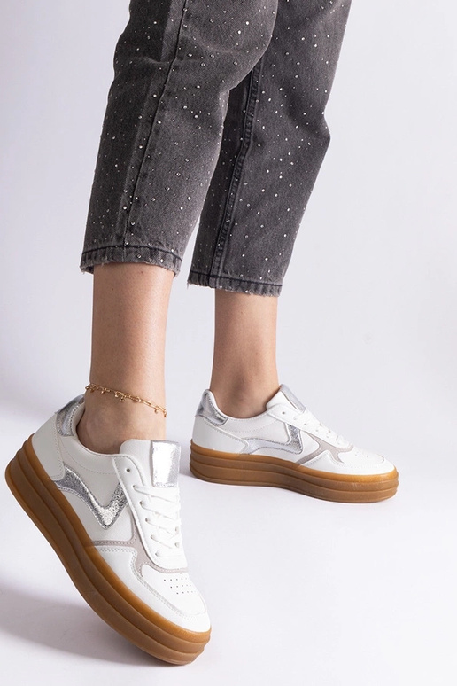 Biało-srebrne sneakersy na gumowej...