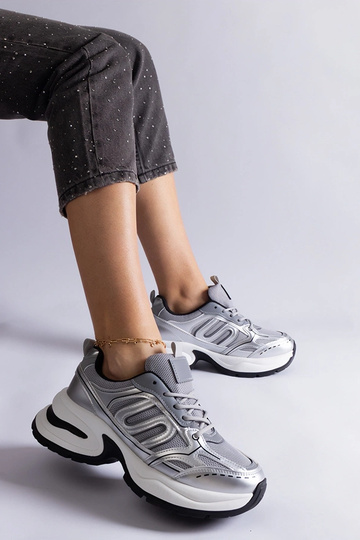 Gemre Buty sportowe damskie srebrne na grubej podeszwie materiałowe wygodne sneakersy Garza