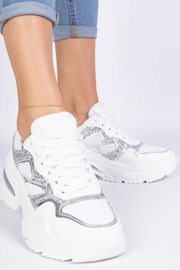 Białe sneakersy damskie zdobione brokatem Sandoria