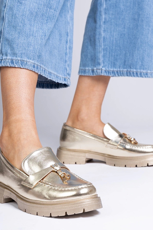 Złote eleganckie mokasyny z ekoskóry...