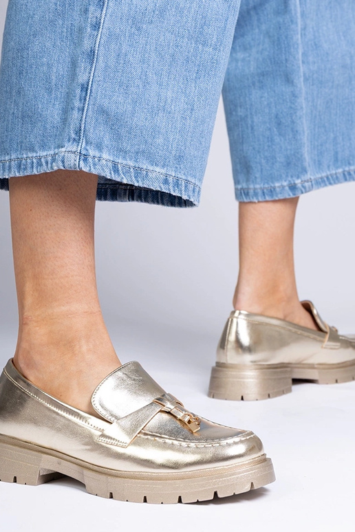 Złote eleganckie mokasyny z ekoskóry...