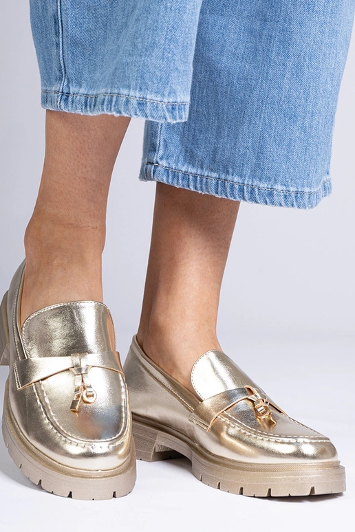 Złote eleganckie mokasyny z ekoskóry...