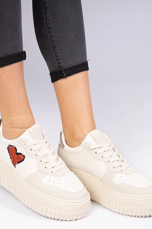 Beżowe sneakersy damskie z brokatowym... Beżowe sneakersy damskie z brokatowym...