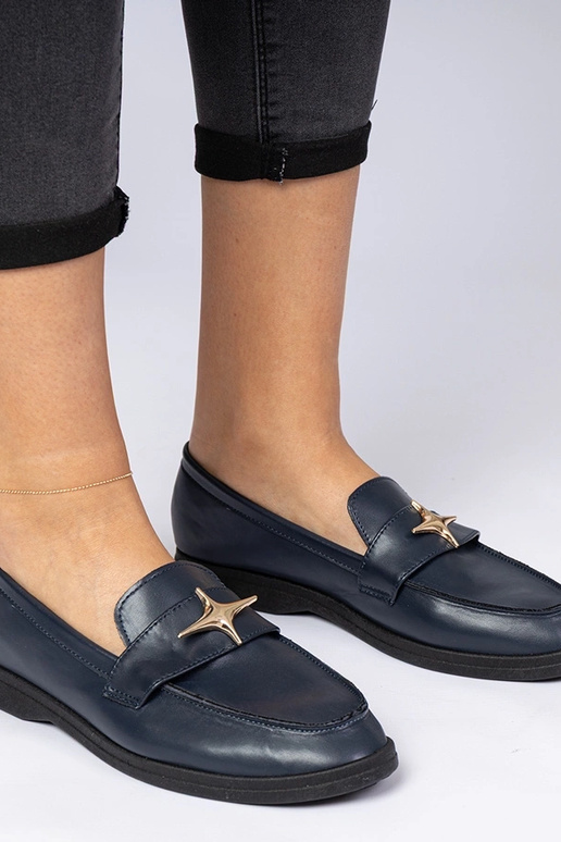 Granatowe damskie mokasyny ze złotą...