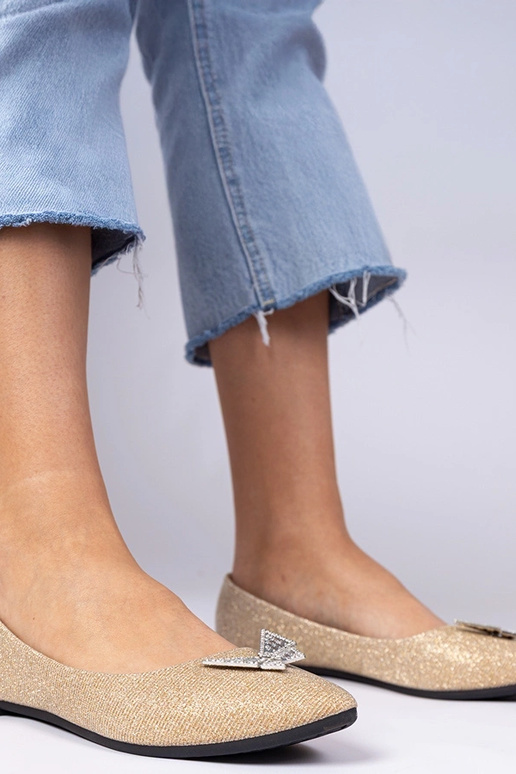 Złote damskie balerinki brokatowe z...