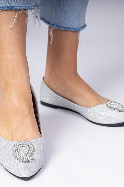 Srebrne damskie balerinki brokatowe z...